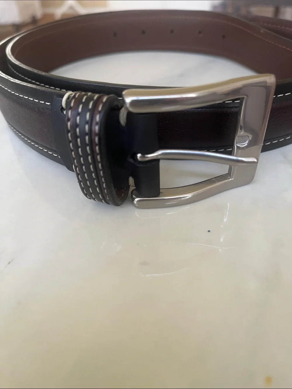 Men’s Cole Haan Leather Belt brass size 36” brown Buckle 1.5”